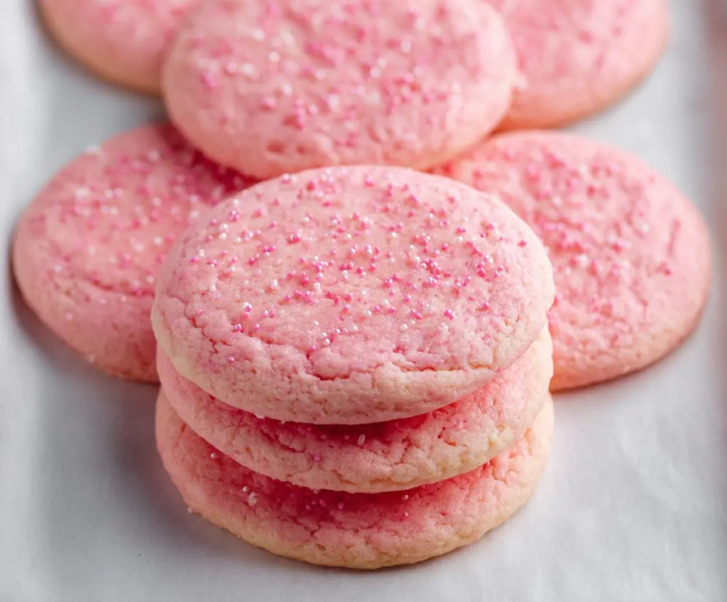 Delicious pink sugar cookies with colorful sprinkles on a white plate, perfect for celebrations.
