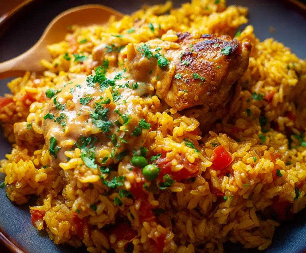 Delicious Portuguese chicken and rice served with fresh herbs and vibrant vegetables.