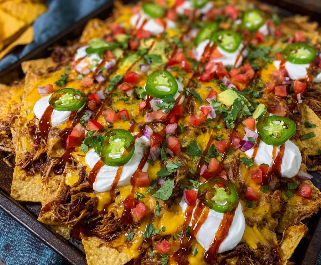 Delicious pulled pork nachos topped with melted cheese, jalapenos, and fresh cilantro.