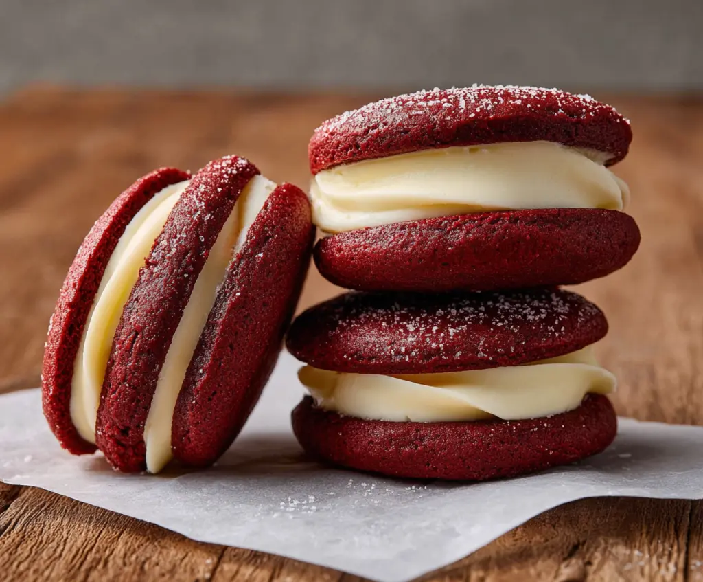 Delicious red velvet sandwich cookies with cream cheese filling, perfect for parties and celebrations.