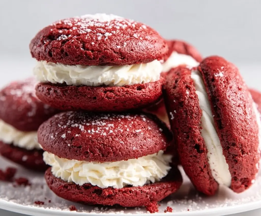 Delicious red velvet whoopie pies with creamy filling on a white plate.