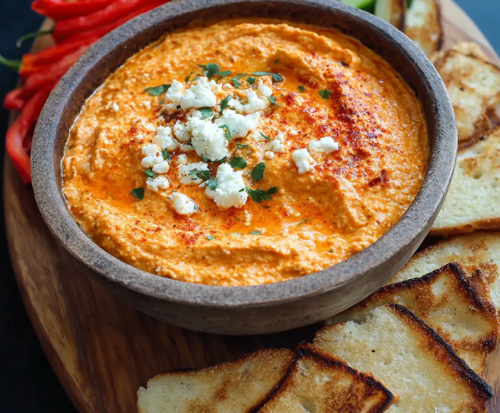 Creamy roasted red pepper and feta dip served with fresh vegetables.