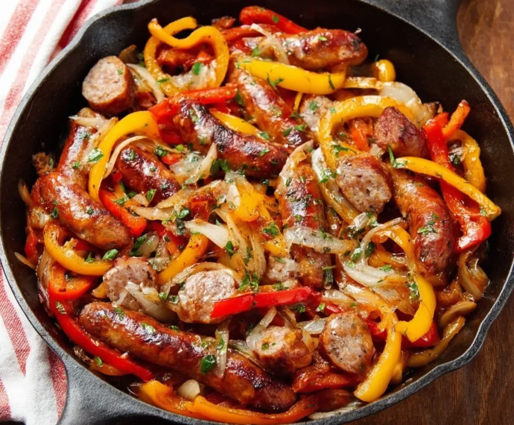 Delicious sausage and colorful peppers sautéed in a skillet, perfect for a quick and flavorful meal.