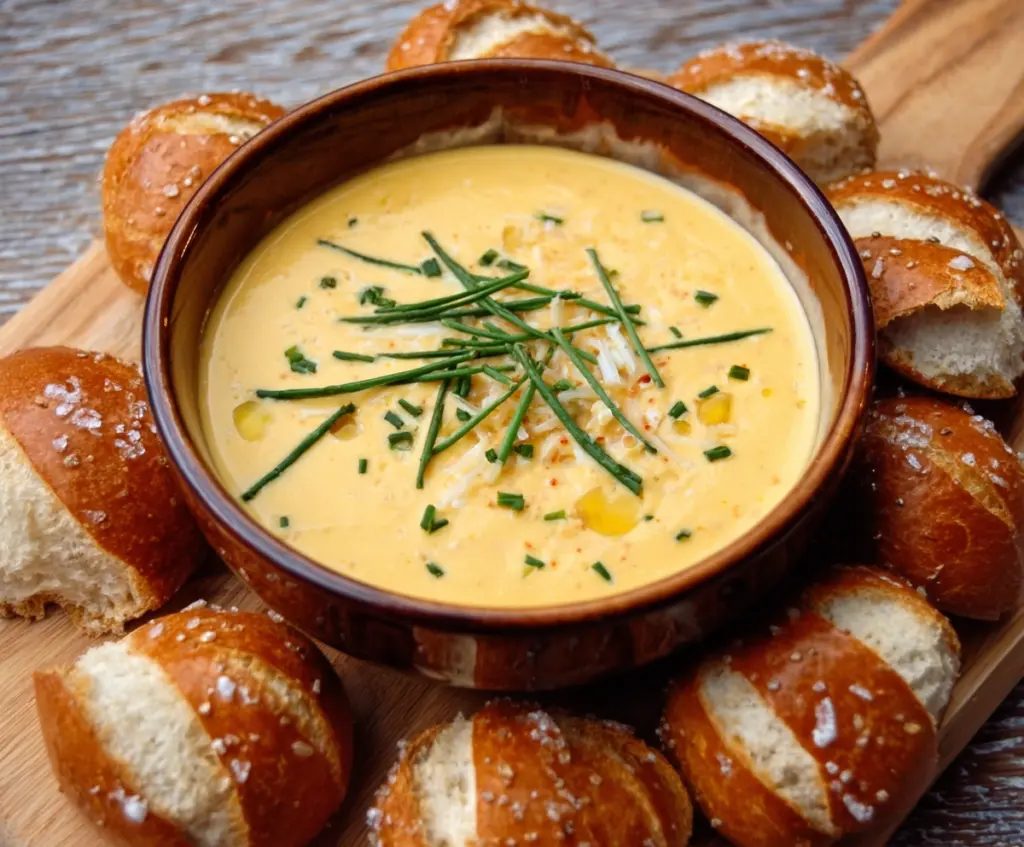 Creamy savory beer cheese dip served with fresh bread and vegetables, perfect for parties and gatherings.