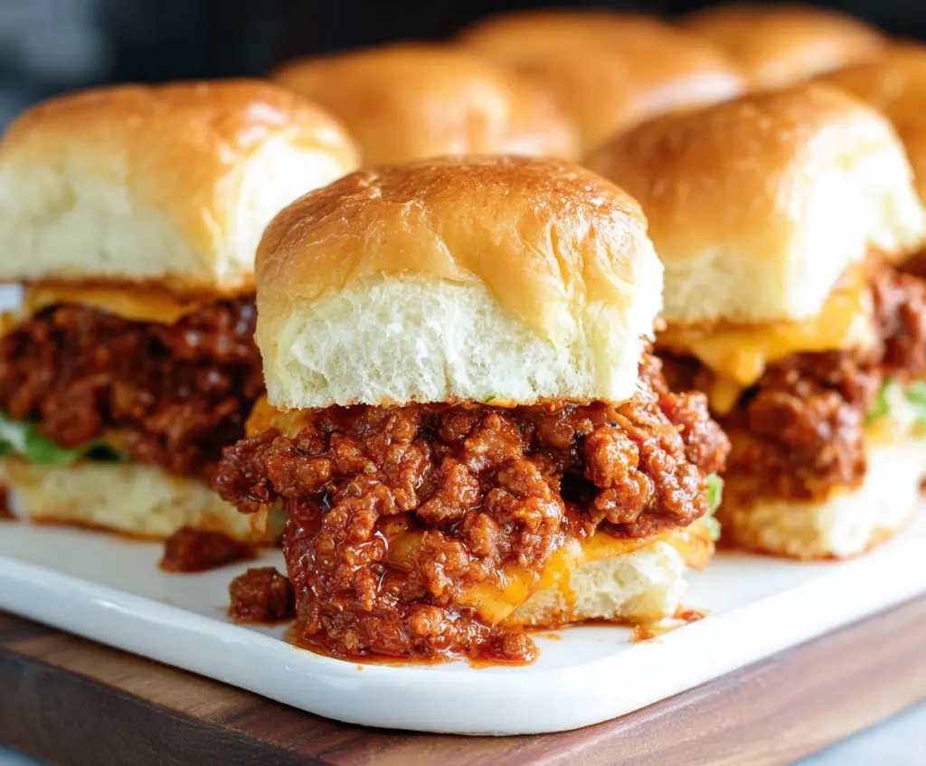 Delicious Sloppy Joe Sliders with savory beef filling and melty cheese on mini buns