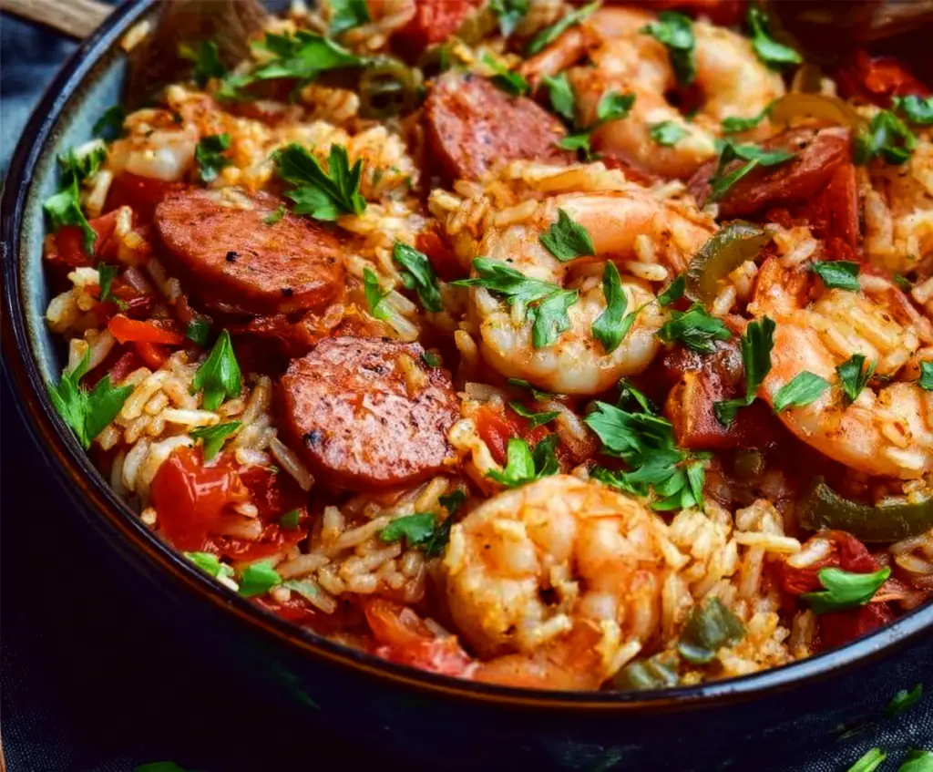 Delicious Slow Cooker Jambalaya with rice, sausage, shrimp, and vegetables.