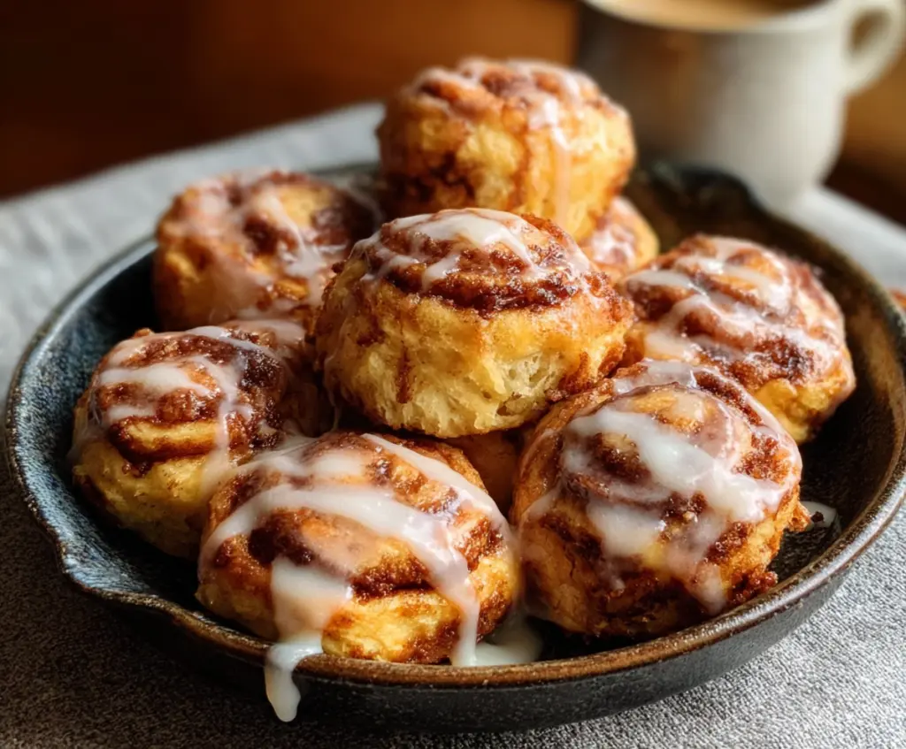 Delicious sourdough discard cinnamon roll bites on a plate, showcasing a golden-brown, flaky pastry with cinnamon swirls and icing.