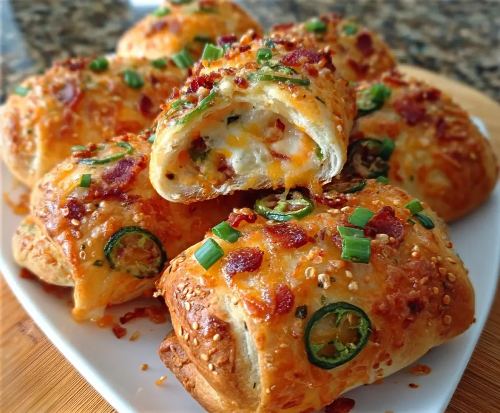 Delicious Spicy Jalapeño Popper Rolls topped with crispy bacon on a white plate.