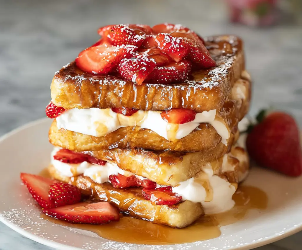 Delicious strawberries and cream French toast topped with fresh strawberries and whipped cream.