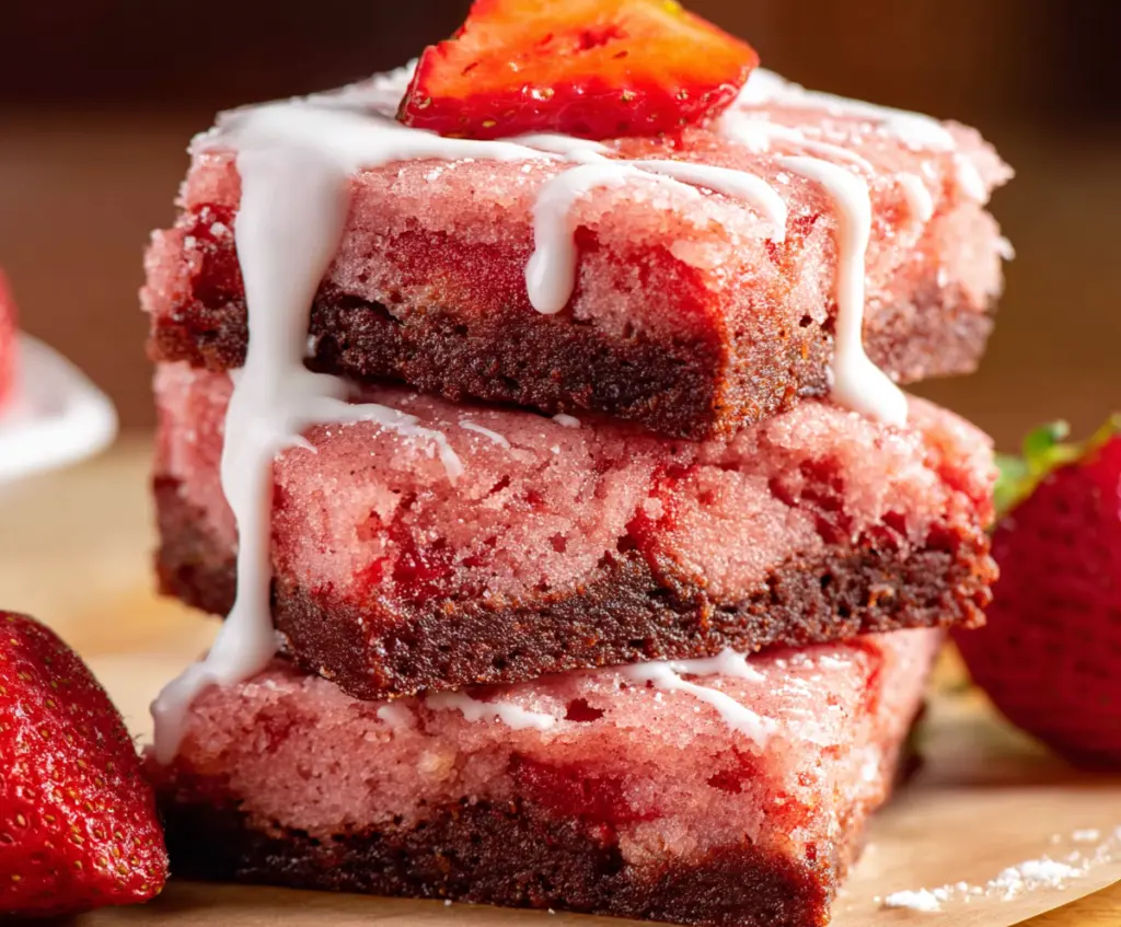 Delicious homemade strawberry brownies with fresh strawberries and rich chocolate ingredients.
