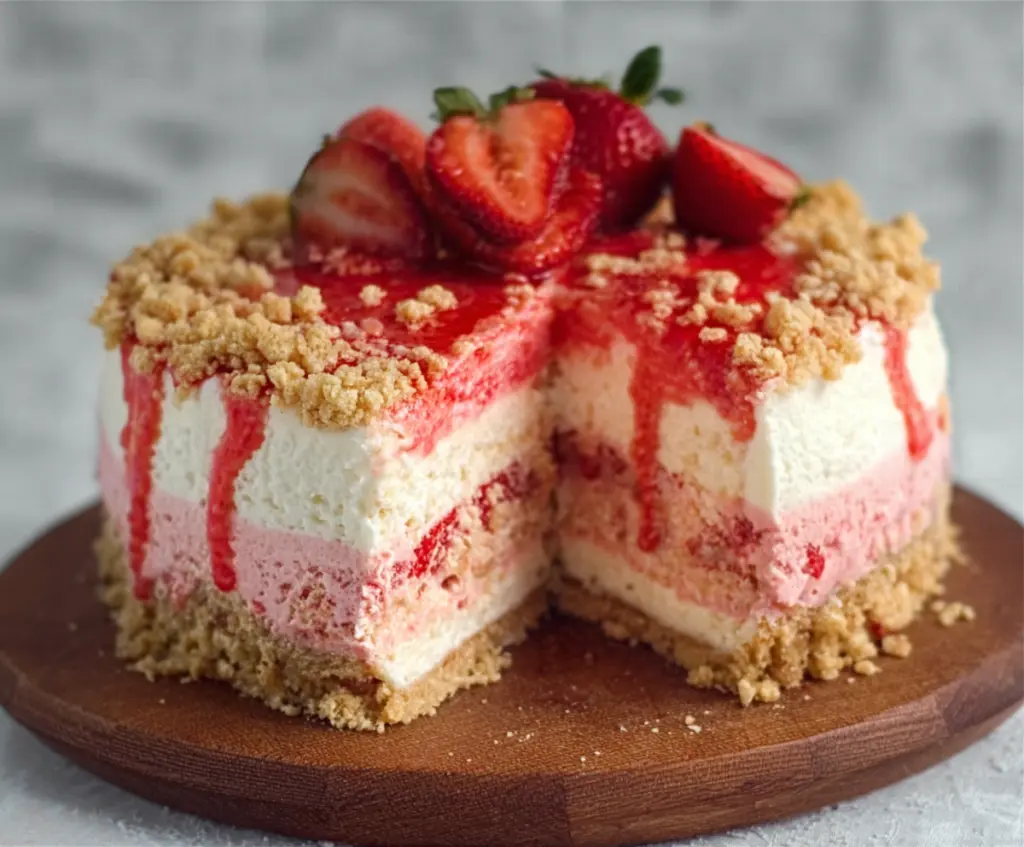 Delicious Strawberry Crunch Cheesecake topped with fresh strawberries and crunchy biscuit crust.