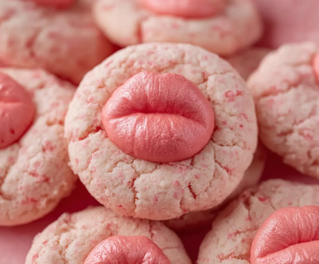 Delicious strawberry kiss cookies with a glossy glaze and fresh strawberry toppings