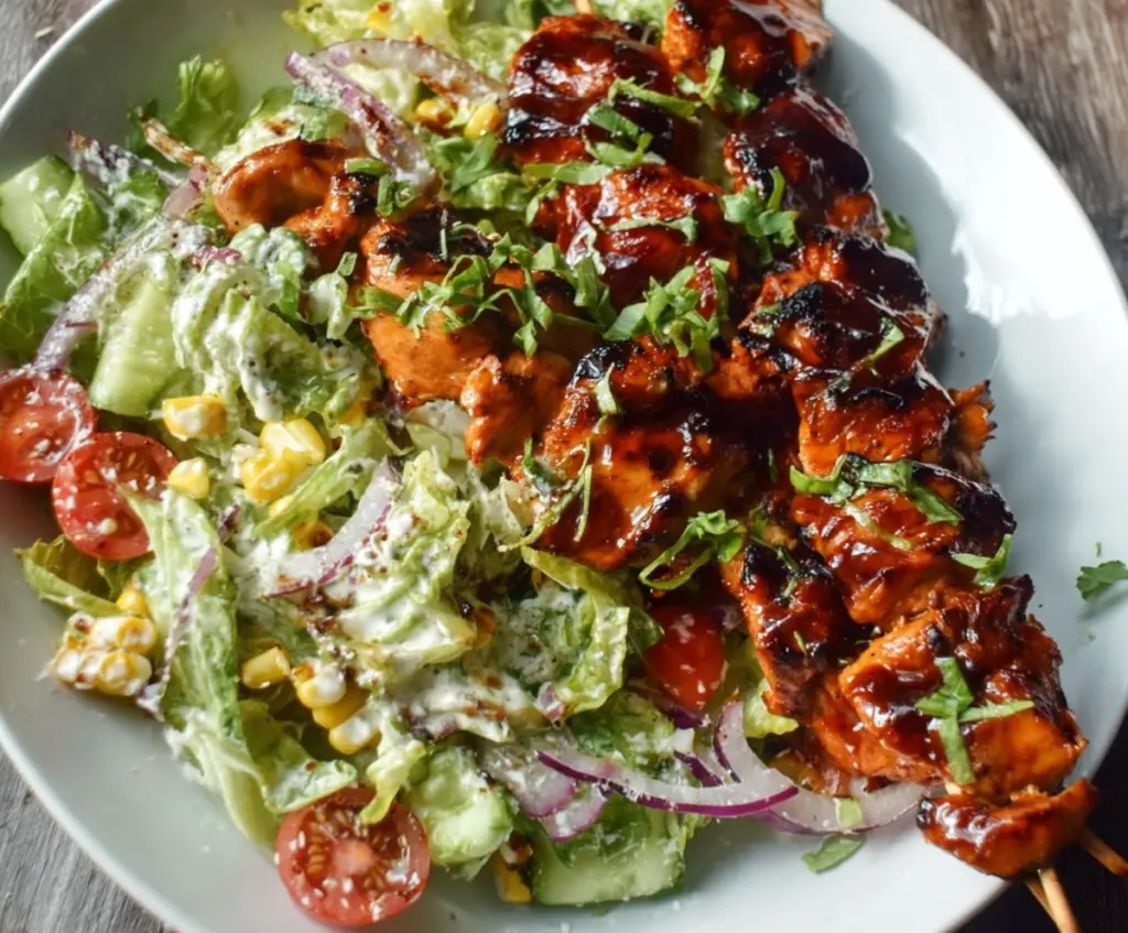 Grilled BBQ chicken skewers served on a fresh salad with colorful vegetables