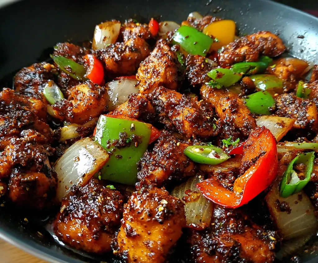 Delicious black pepper chicken stir-fry with spices and tender meat on a plate.