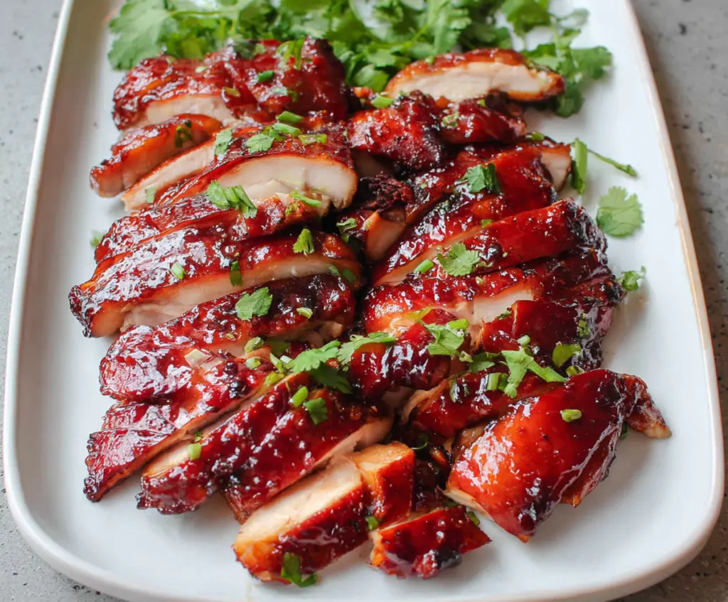 Juicy Char Siu Chicken glazed with rich red sauce and garnished with sesame seeds, served on a plate.