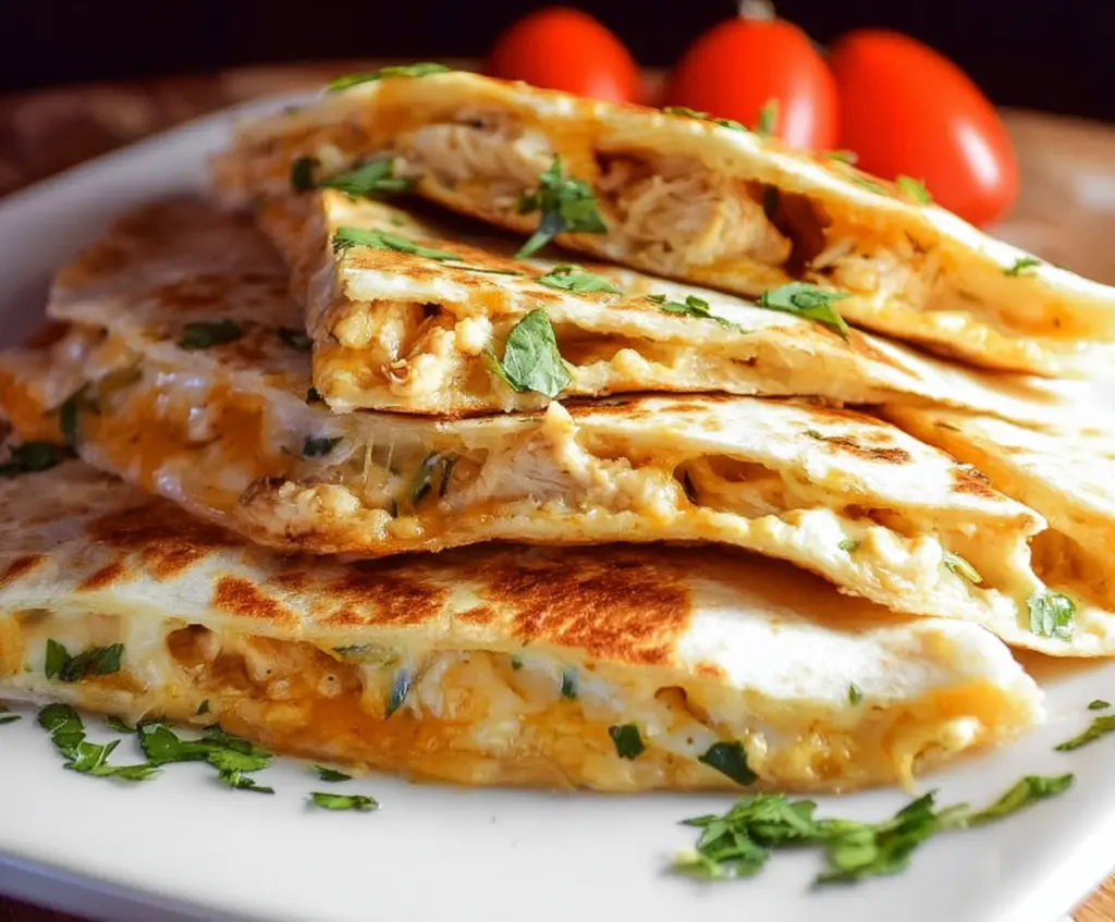 Delicious cheesy chicken quesadillas with melted cheese and grilled chicken inside crispy tortillas.