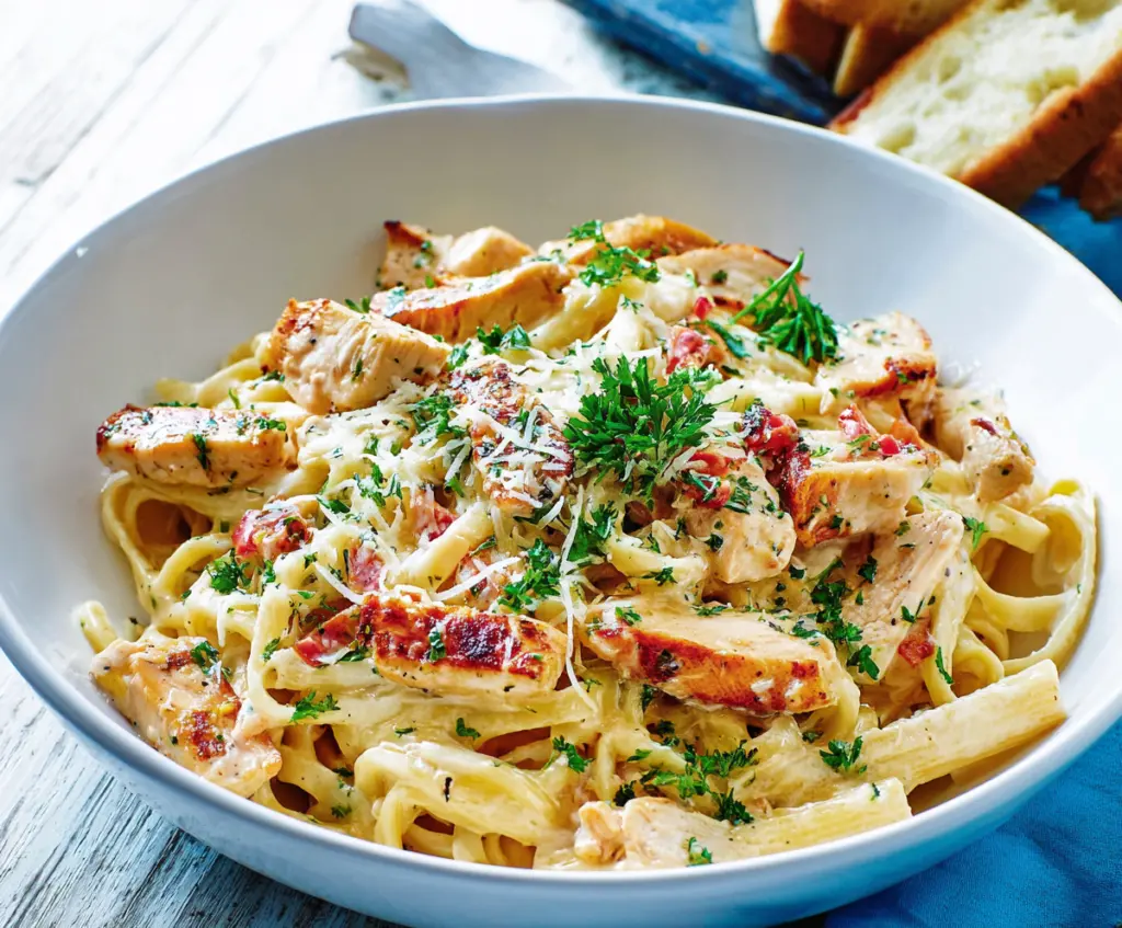 Delicious homemade chicken carbonara pasta with creamy sauce and crispy bacon