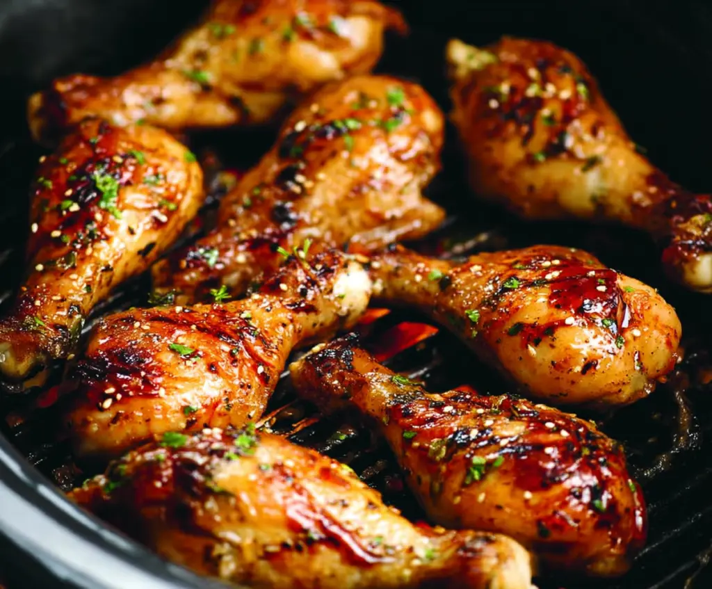 Juicy baked chicken drumsticks on a plate with herbs and spices, perfect for a delicious recipe.
