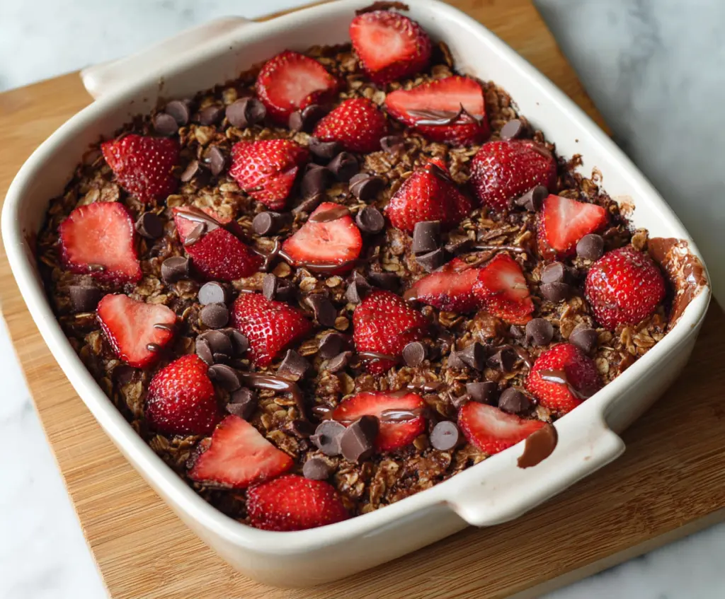 Delicious Chocolate Strawberry Baked Oatmeal in a baking dish with fresh strawberries and chocolate drizzle