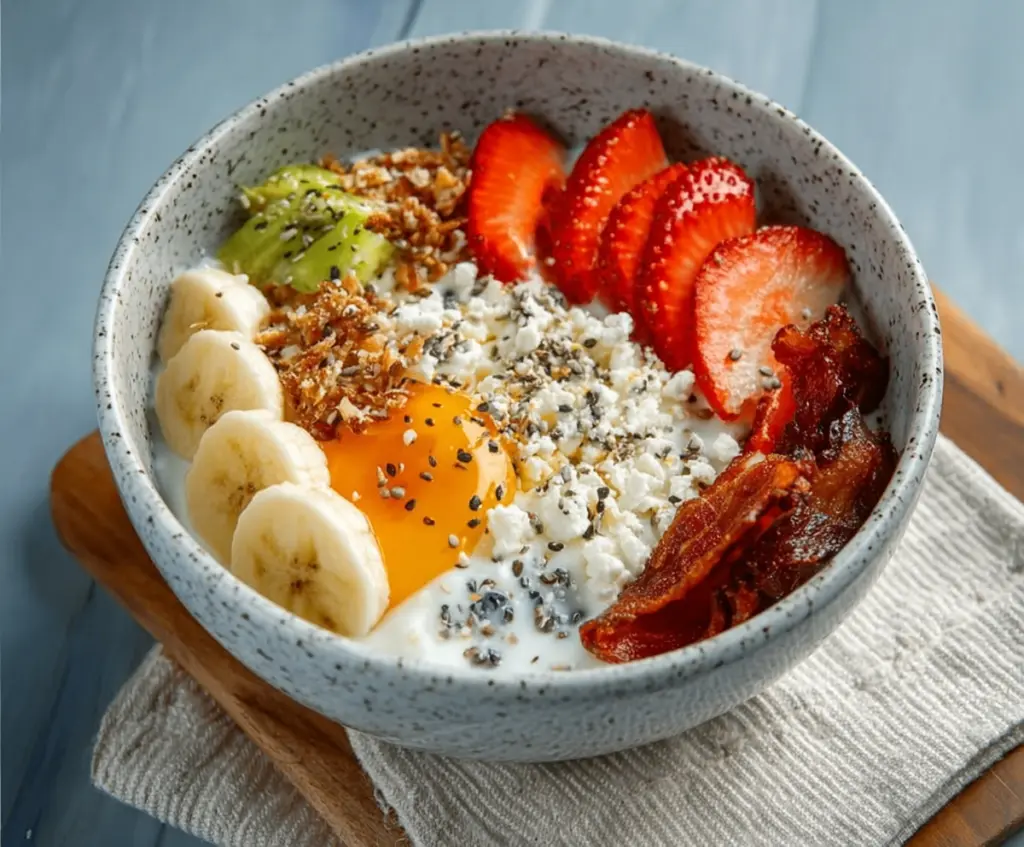 Healthy cottage cheese breakfast bowl topped with fresh fruits and nuts for a nutritious start to your day