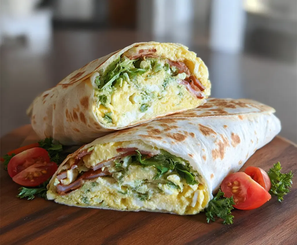Healthy cottage cheese breakfast wrap with fresh vegetables and whole wheat tortilla