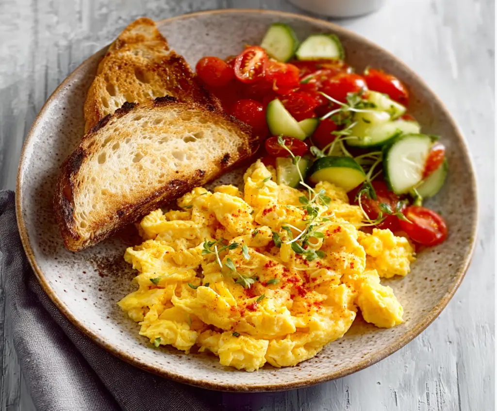 Creamy cottage cheese scrambled eggs served with fresh herbs for a nutritious breakfast.