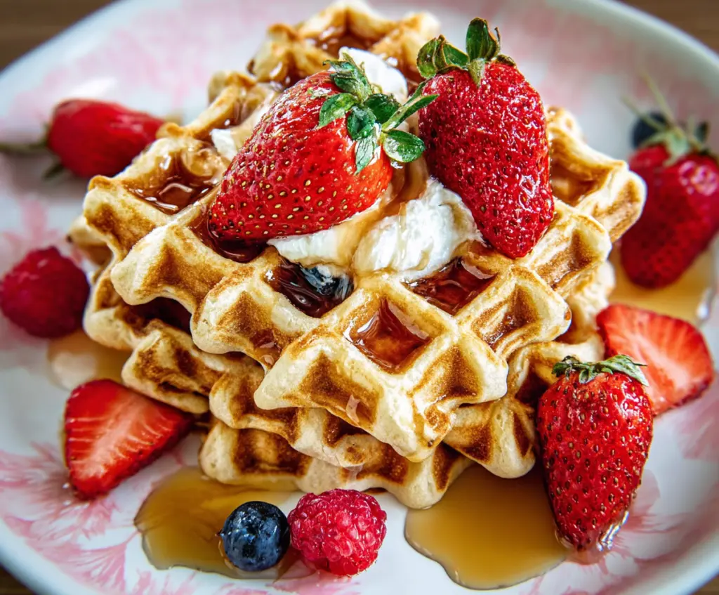 Delicious homemade cottage cheese waffles served with fresh berries and syrup.