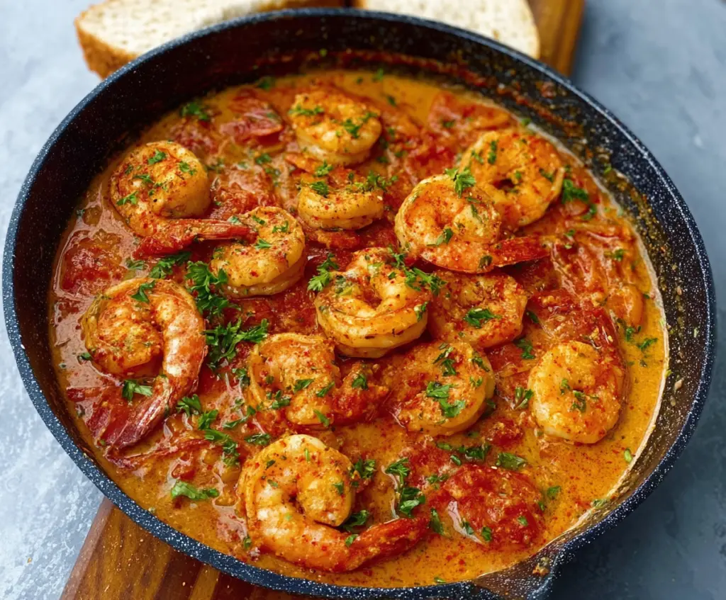 Succulent shrimp cooked in a creamy garlic and paprika sauce served in a skillet.