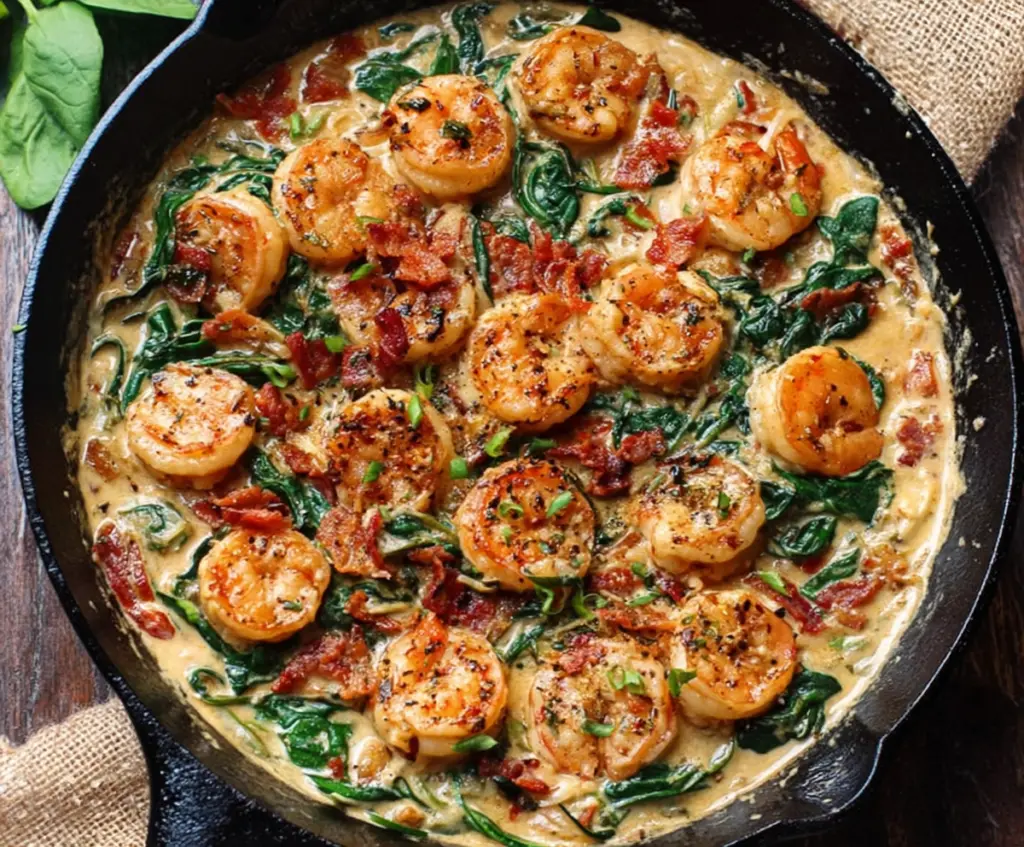 Delicious creamy Tuscan shrimp dish with herbs and cherry tomatoes on a plate