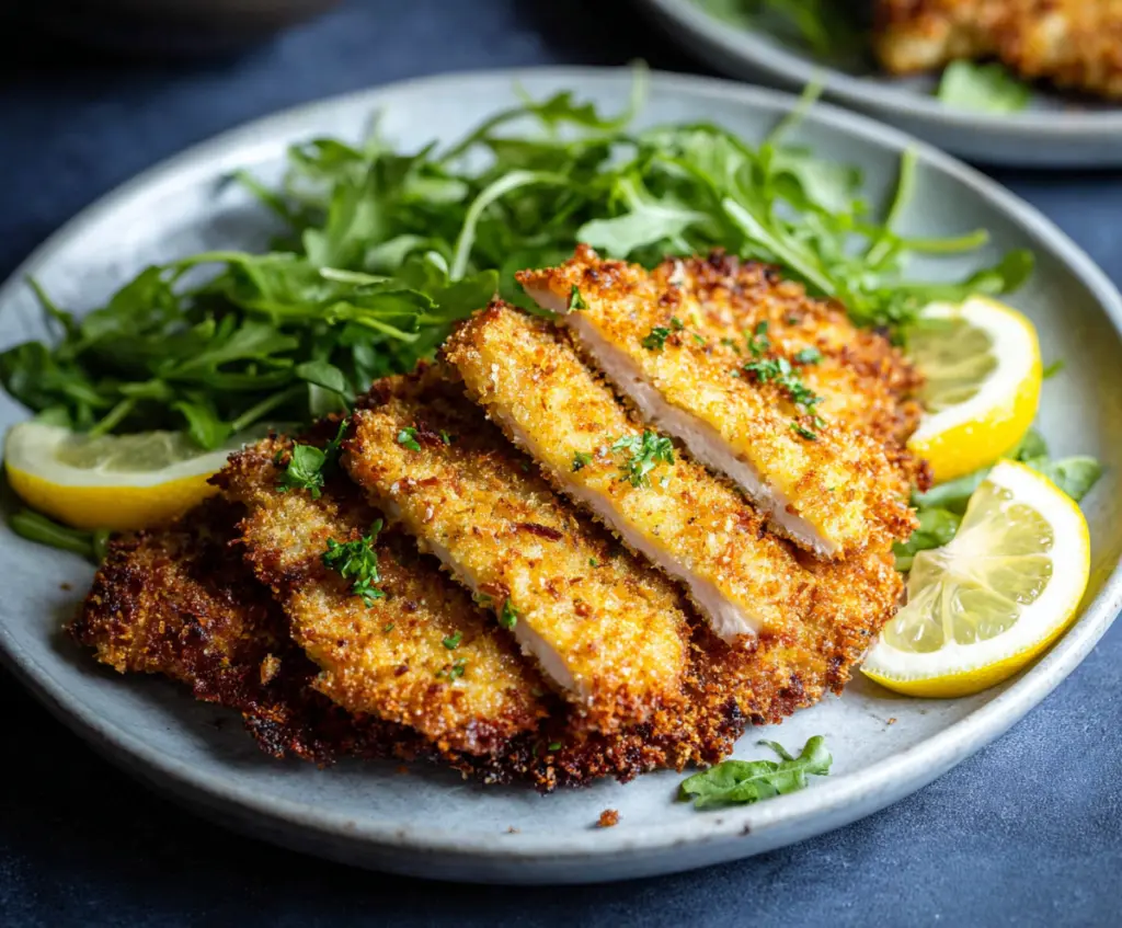 Crispy Air Fryer Chicken Milanese served with fresh greens on a white plate in a modern kitchen.