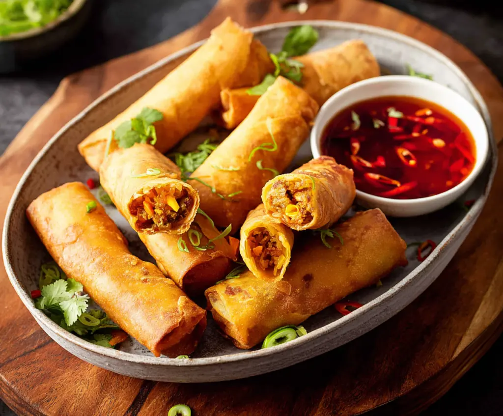 Golden crispy spring rolls filled with fresh vegetables served on a white plate.