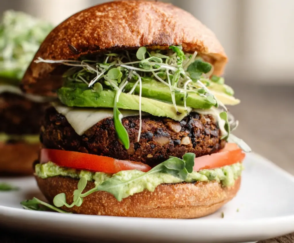 Vibrant Green Goddess Black Bean Burger topped with fresh herbs and creamy dressing on a whole grain bun.