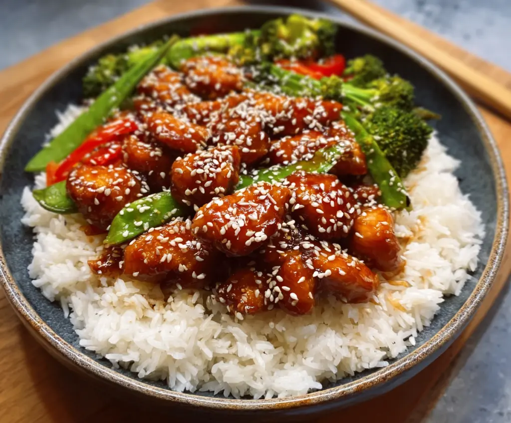 Delicious healthy sesame chicken dish with sesame seeds and fresh vegetables on a plate.