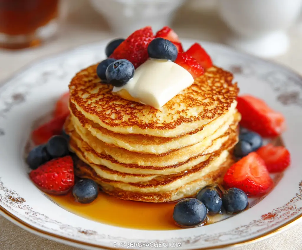 Delicious high-protein cottage cheese pancakes served on a white plate for a healthy breakfast.