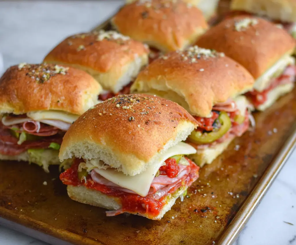 Delicious Hot Italian Sub Sliders with melted cheese, pepperoni, and fresh toppings on a serving plate.