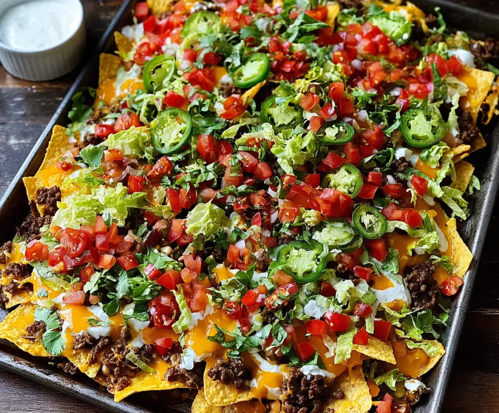 Loaded sheet pan nachos topped with melted cheese, jalapenos, and guacamole on a baking sheet.