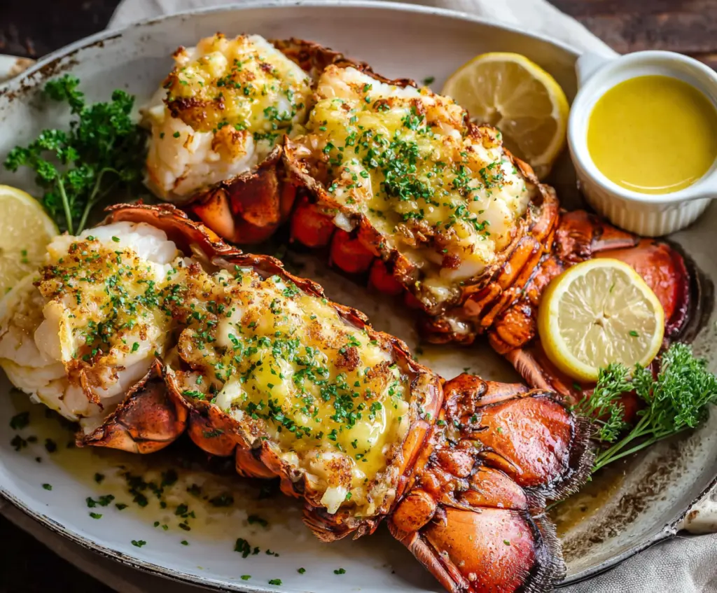 Delicious lobster tail with garlic butter sauce on a plate, perfect for elegant seafood dishes.