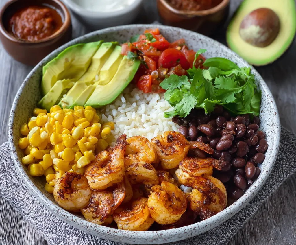 Delicious Mexican shrimp bowls with fresh vegetables and colorful toppings ready to enjoy.
