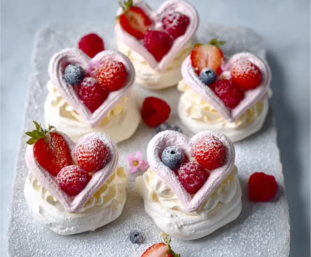 Delicious mini heart-shaped pavlovas with whipped cream and fresh berries on a white plate