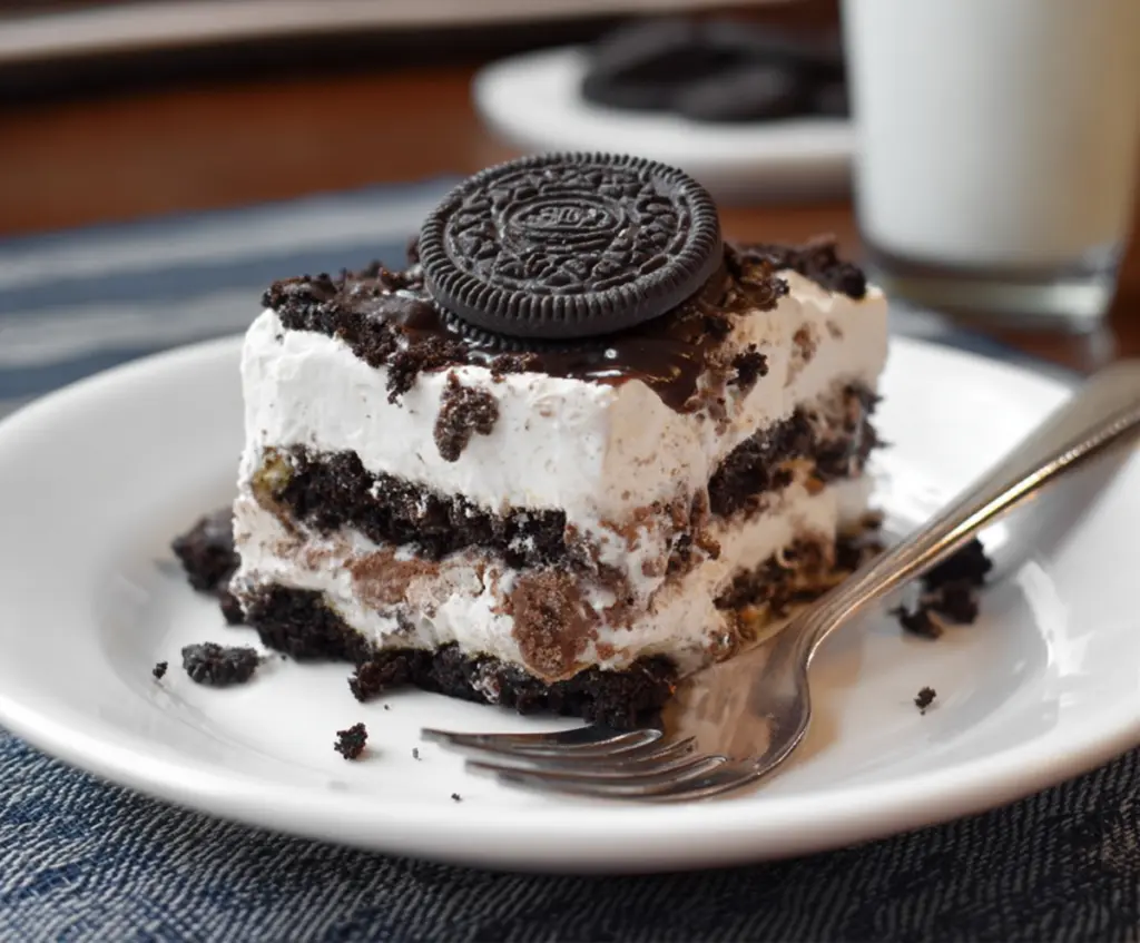 Delicious No Bake Oreo Icebox Cake layered with creamy filling and crunchy Oreo biscuits.