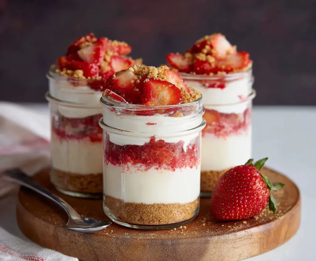 Delicious no-bake strawberry cheesecake jars with fresh strawberries and creamy topping.