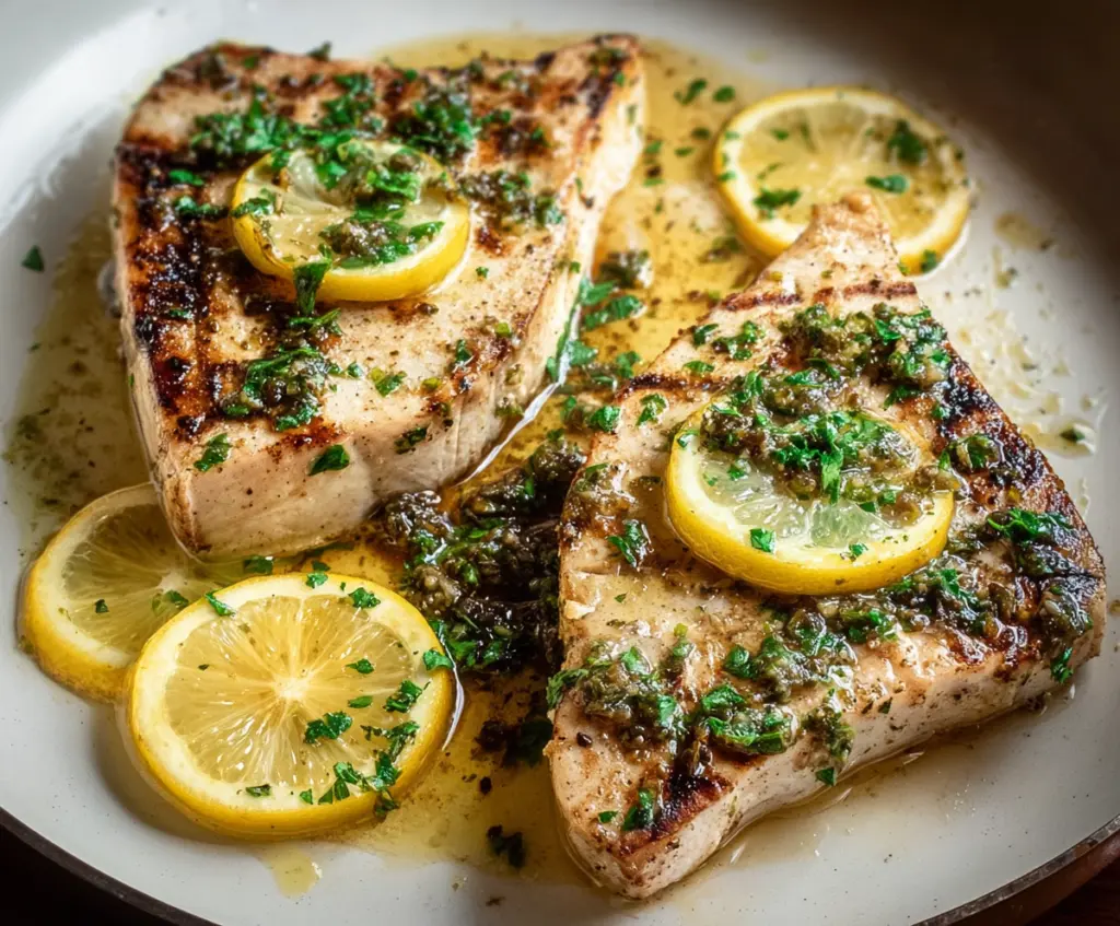 Oven-baked swordfish fillet drizzled with lemon butter and herbs on a white plate.