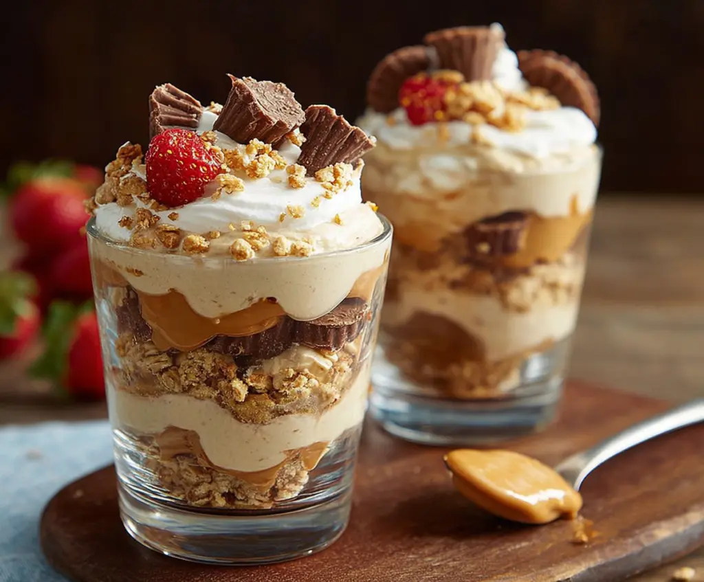 Delicious Peanut Butter Cup Parfaits layered with creamy peanut butter and chocolate, perfect for dessert.