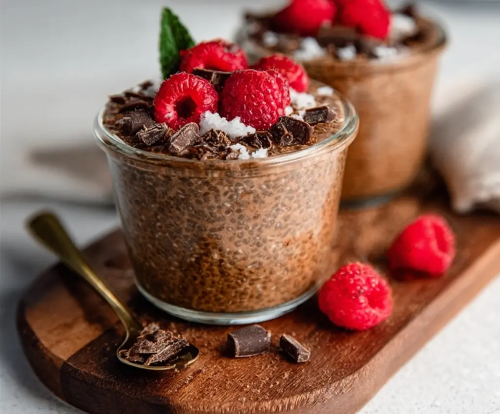 Creamy Protein Chocolate Chia Pudding in a glass bowl, topped with chocolate shavings and fresh berries, for a healthy dessert or snack.