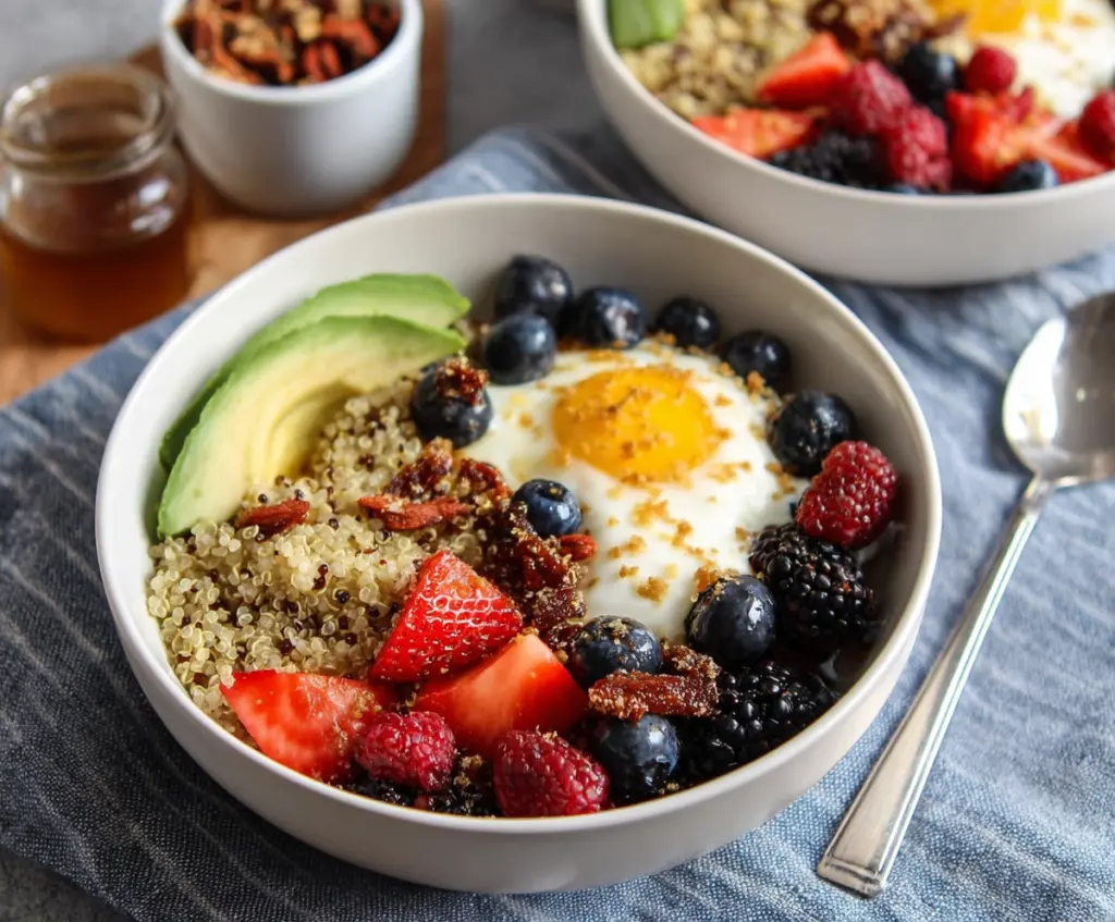 Healthy quinoa breakfast bowls topped with fresh fruits and nuts for a nutritious start to the day