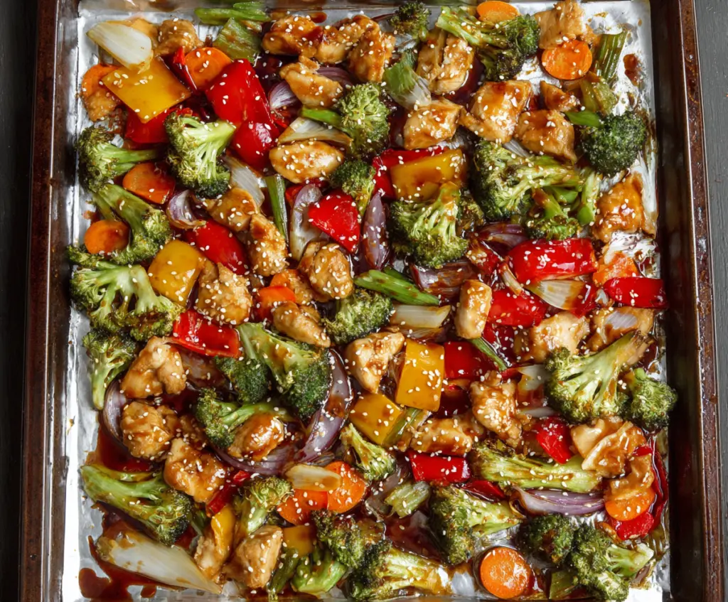 Delicious Sheet Pan Sesame Chicken and Veggies with a glossy sauce and colorful vegetables on a baking sheet.