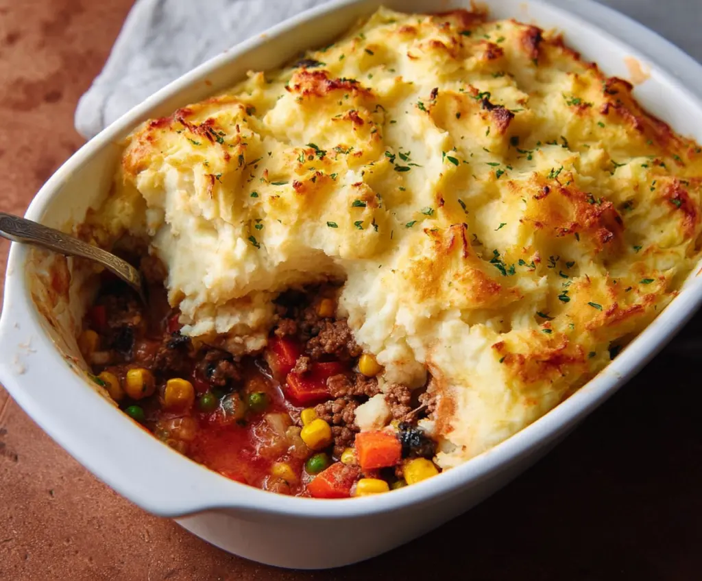 Homemade Shepherd’s Pie with mashed potatoes and savory meat filling on a baking dish.
