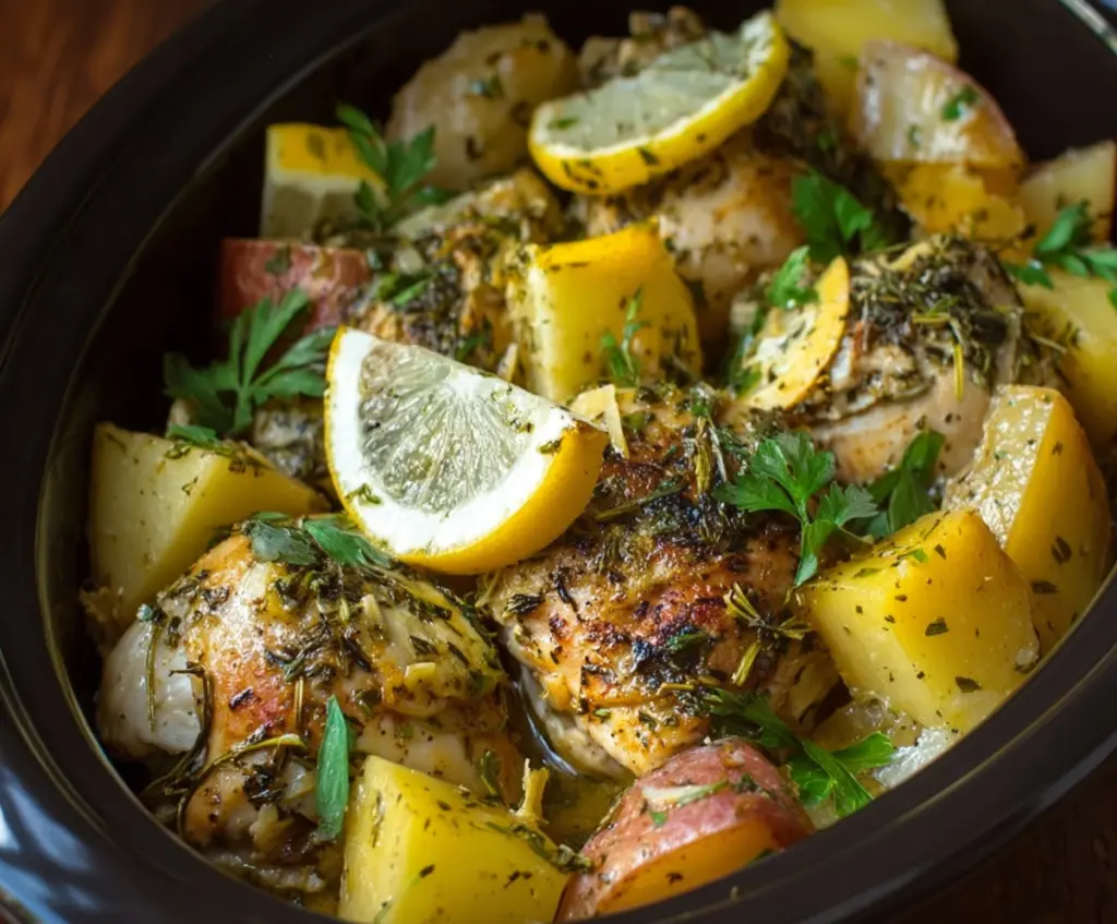 Delicious slow cooker Greek lemon chicken served with tender potatoes and fresh herbs.