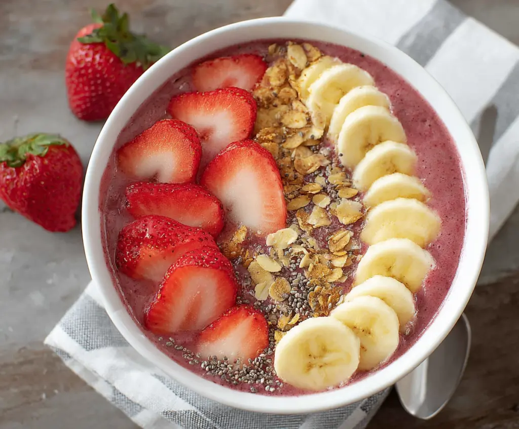 Colorful strawberry banana smoothie bowl topped with fresh fruit and granola, perfect for a healthy breakfast.