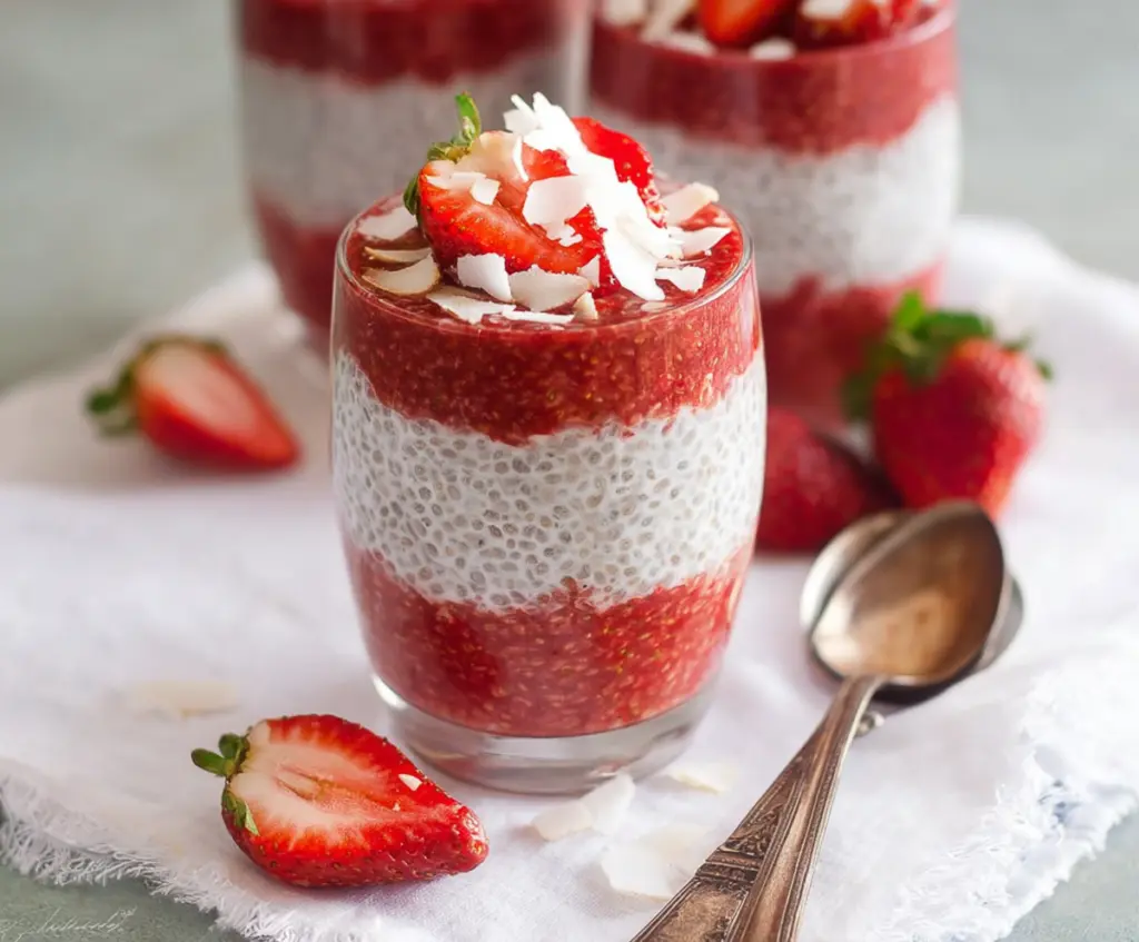 Delicious strawberry coconut chia pudding topped with fresh strawberries and toasted coconut flakes.